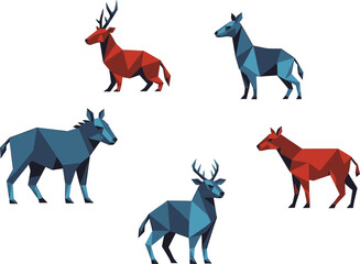 Fototapeta premium Geometric Deer and Horse Silhouettes in Red Blue Colors