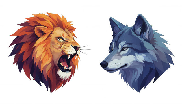 Fierce Lion Roaring Opposite a Watchful Wolf