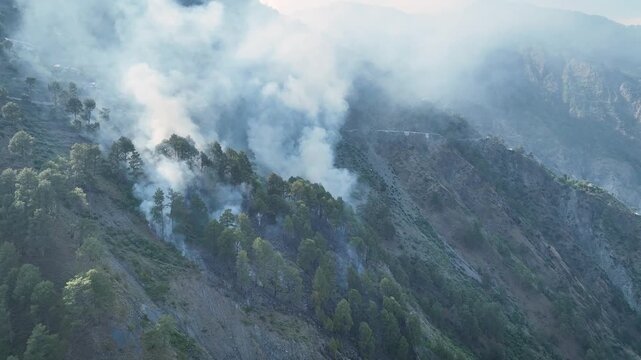 Aerial view of massive forest fire smoke in the Himalayan mountains.