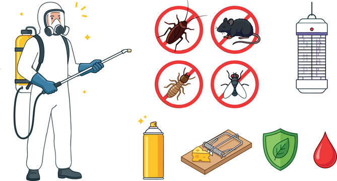 Professional Pest Control Service Vector Set with Exterminator Worker in Hazmat Suit Sprayer Mousetrap Insect Zapper and Prohibited Vermin Sign Elements
