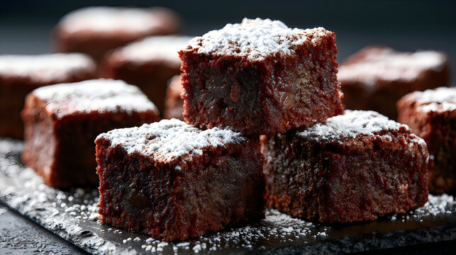 Assorted fresh chocolate brownies with sugar dusting on dark wooden table