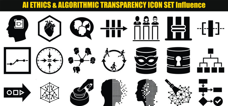 Artificial intelligence ethics influence pictogram depicting concepts of algorithmic bias and responsible technology machine learning data science human brain heart