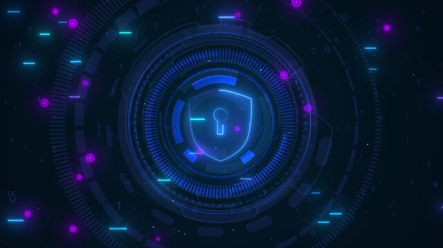 Motion Graphic of a Glowing Cybersecurity shield Icon in a Futuristic HUD Interface with AI Analytics and Machine Learning Technology.