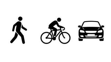 Fototapeta premium Black silhouettes of people walking, cycling, and driving a car