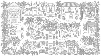 Obraz premium Tropical wellness resort map illustration featuring yoga pavilions, meditation gardens, spa facilities, and lush botanical landscape design