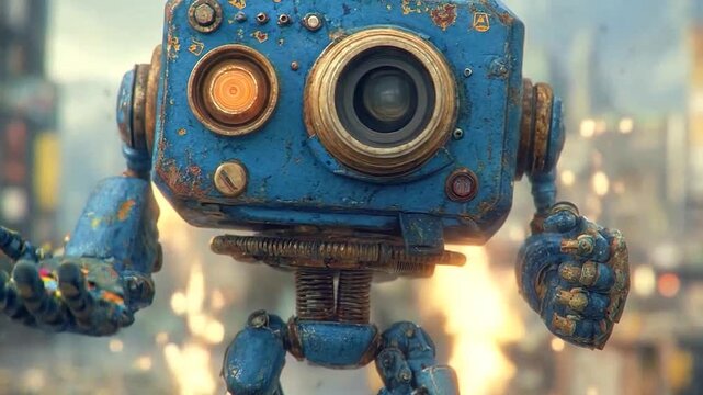 Rusty blue robot with a camera head stands in an urban setting