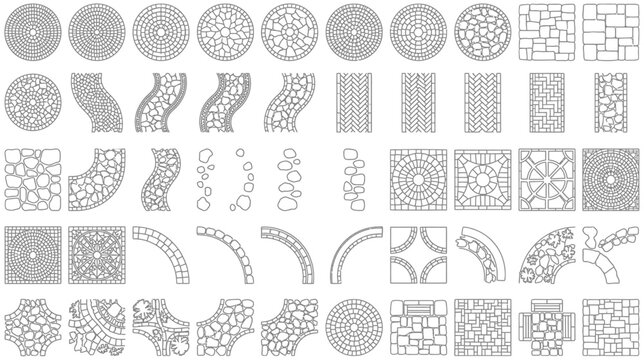 Set of paving stone patterns and garden path textures for landscape architecture design in vector line art