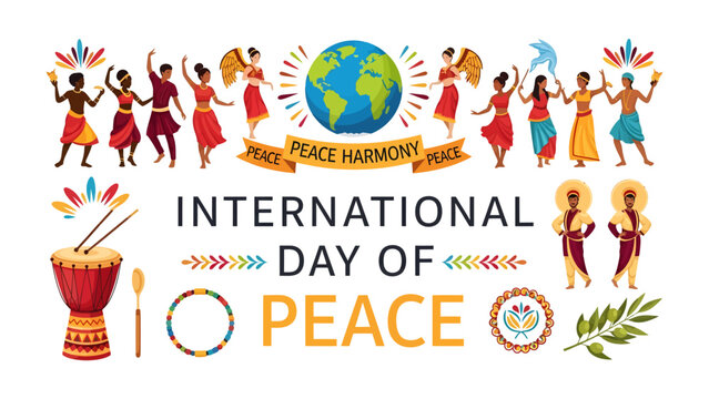 International Day of Peace: A vibrant illustration celebrating global unity and harmony for the International Day of Peace, featuring diverse people dancing around a globe, musical instruments.