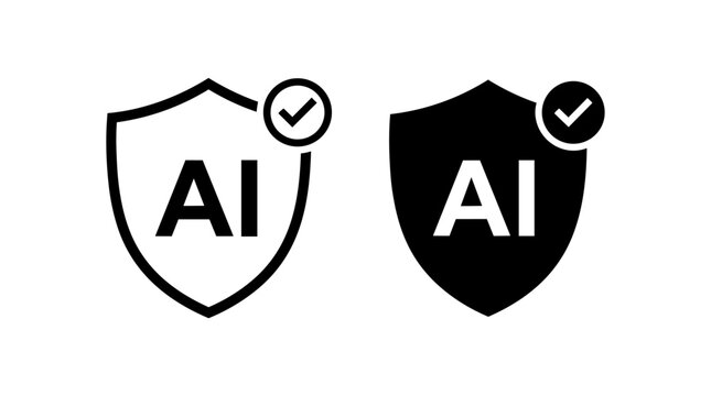 Black and white AI shield icons with check marks on a white background, security and artificial intelligence symbols, two shield logos with verified marks, AI concept graphics
