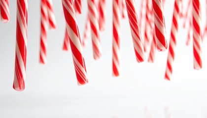 Fototapeta premium Festive Red and White Candy Canes Hanging Against a Clean White Background for Holiday and Christmas Themes