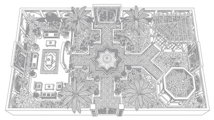 Fototapeta premium Top view architectural floor plan of a luxury courtyard garden with fountain and seating area vector illustration