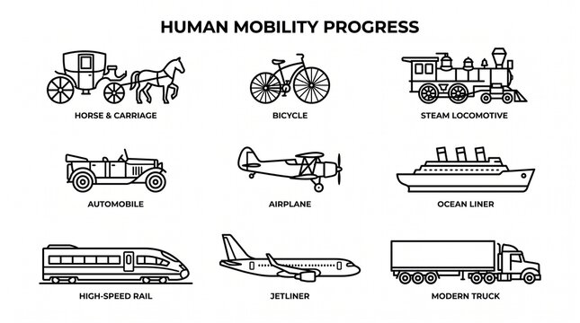 A dynamic transportation evolution diagram, symbolizing human mobility, innovation, and progress, capturing the essence of travel from animal‑powered vehicles to modern mechanized and high‑speed syste