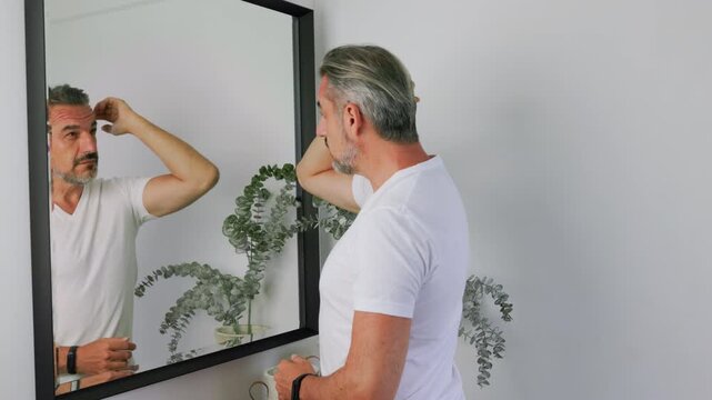 Mature man checks and styles his hair in front of a mirror during his morning routine, reflecting confidence and self-care.