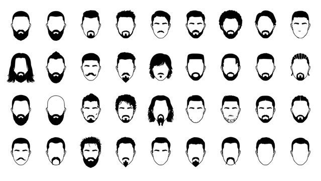 Beard Icon Set of Multiple Black and White Male Facial Hair Shapes in Varied Styles for Grooming and Barbershop Concept