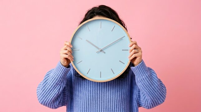 Person hiding face behind round wall clock wearing a cozy knitted sweater against a vibrant pink studio background symbolizing time passing deadlines and abstract concepts of waiting