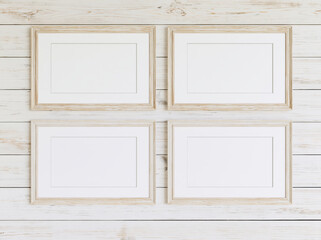 Fototapeta premium Blank picture frame four frame horizontal frame white wall wood background rustic style empty frame mockup frame gallery wall interior decor beige frame minimal design copy space poster frame