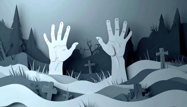 Ghostly hands rising from graveyard snow.