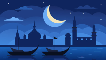 Nighttime cityscape, mosque silhouette, crescent moon, boats on water, Islamic architecture © ruposhi