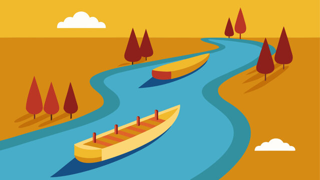 River, Canoes, Landscape, Nature, Illustration, Vector, Yellow, Blue, Trees