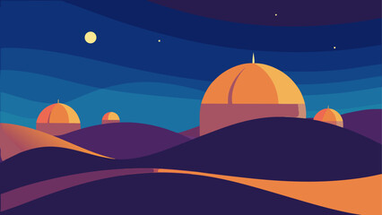Desert landscape, futuristic domes, orange purple hills, night sky, vector illustration © ruposhi
