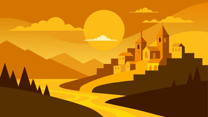 Sunset Landscape, Golden Hour Cityscape, Vector Mountains, River Valley Scene © ruposhi