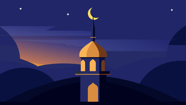 Islamic architecture, mosque tower, crescent moon, nighttime landscape, vector illustration