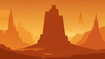 Naklejka premium Fantasy landscape, desert mountains, orange sunset, vector illustration, scenic view