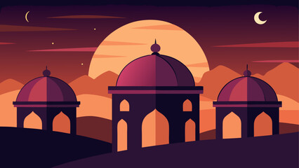 Islamic Architecture, Mosque Domes, Desert Landscape, Vector Illustration © ruposhi