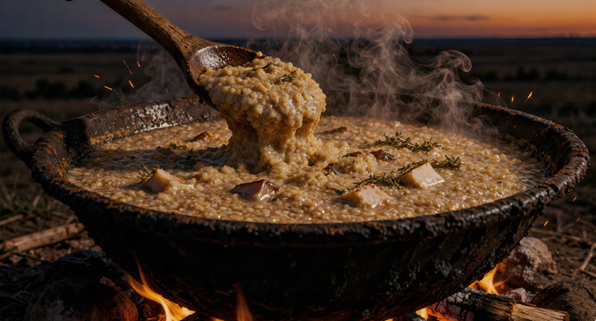 Traditional field porridge kulesh with lard and herbs cooking in a large cast iron cauldron over an open fire at sunset outdoor background.