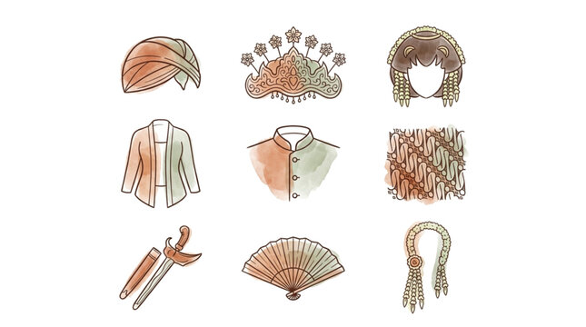 Javanese and Sundanese Traditional Attire Icon Set Vector Clipart