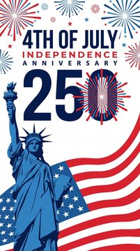 Portrait-oriented patriotic poster design for a 4th of July celebration, bold graphic vector illustration featuring a large navy-blue "250" as the central focal point with a red-and-blue starburst. 