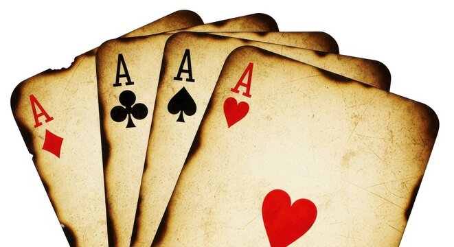 Vintage Four Aces Playing Cards with Burnt Edges Isolated on White Background - Poker and Gambling Concept
