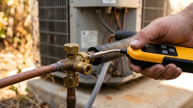 professional hvac technician checking for refrigerant leaks | air conditioning maintenance with electronic leak detector | repairing outdoor ac unit copper pipes | hvac service professional
