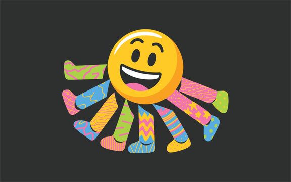 Smiling Yellow Emoji with Colorful Legs on Black Background
