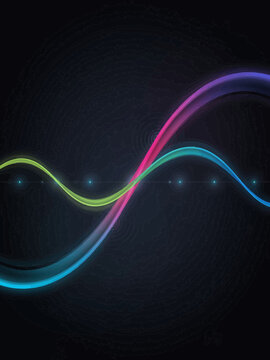 Neon Multicolor Wavy Lines on Dark Background with Glowing Dots
