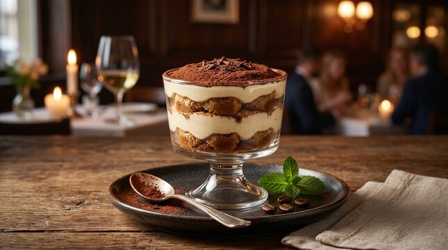 "A decadent tiramisu in a clear glass bowl, displaying rich layers of mascarpone and espresso-soaked cake topped with cocoa. It sits on a dark plate with mint, coffee beans, and a silver spoon. The ru