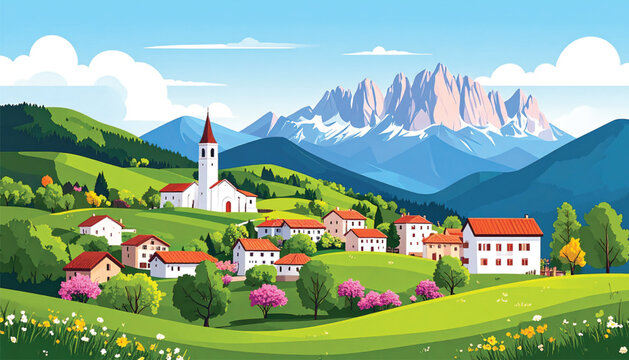 Small village with church and houses.