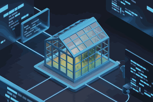 Futuristic Greenhouse Structure with Solar Panels on Platform Surrounded by Digital Circuits