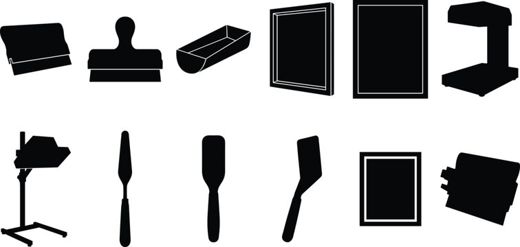 Professional Screen Printing and Serigraphy Equipment Silhouette Icon Set Featuring Squeegees Coater T-Shirt Platen Mesh Screens Flash Dryer Spatulas and Ink Mixer Isolated on White