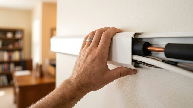Installing mini split line set cover kit | Decorative wall raceway for AC pipes and wires | Home HVAC maintenance and repair services | Hiding cables and insulated copper tubing on wall