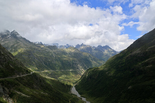 View of the valley at the Susten Pass the Swiss Alps