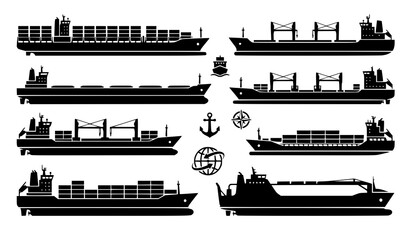 Fototapeta premium Ocean Freight Container Cargo Ship and Bulk Carrier Silhouette Vector Set with Anchor and Compass Icons for Maritime Logistics and Global Shipping Layouts