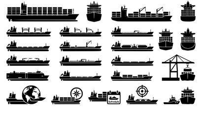 Obraz premium Global Maritime Freight and Container Cargo Ship Silhouette Vector Icon Set for Commercial Logistics, International Trade Infrastructure, and Ocean Transportation Graphics
