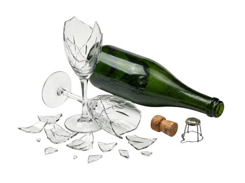 Green glass bottle with shattered crystal goblet and cork during celebration collapse on transparent background