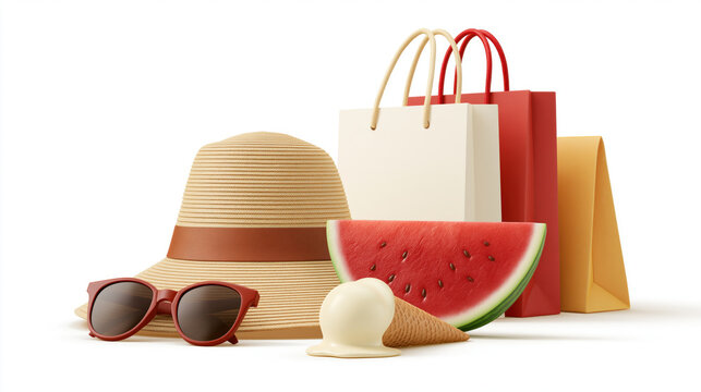 Summer item shopping bag straw hat sunglasses watermelon ice cream cone still life vacation beach seasonal colorful retail gift bag accessory fruit dessert hat eyewear red white yellow beige