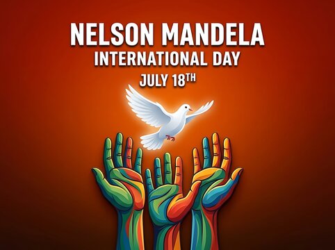 Colorful hands reaching up with a white dove symbolizing nelson mandela international day celebration concept art
