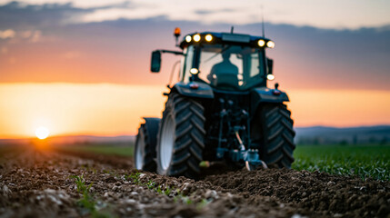 Obraz premium Shot from behind of farmer plowing vast field at dramatic sunset, heavy machinery in motion, agricultural equipment concept, rural landscape photography, defocused horizon