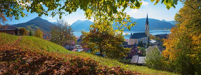 autumnal panorama tourist resort Schliersee. view to Church, lake, village and mountains © SusaZoom