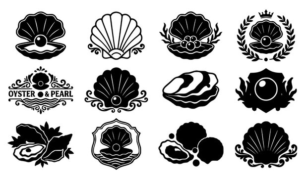 Oyster and pearl silhouette vector set with engraved scallop clam shells and gemstone symbols for restaurant menu branding and logo design