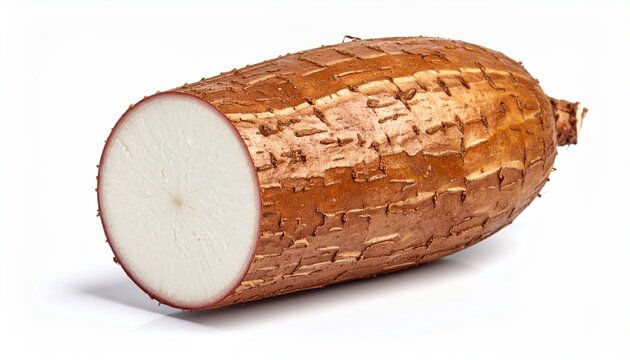 Raw cassava root piece showing white starch interior on white
